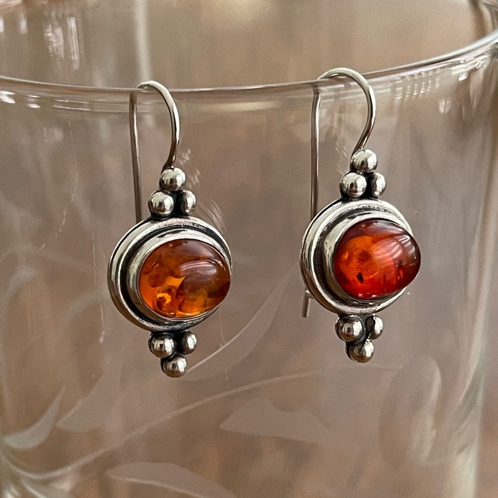 Amber and 925 sterling silver drop earrings. 1 1/8” perfect size, golden color.